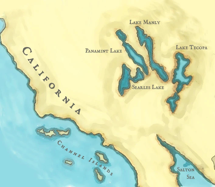 Map of the Pleistocene lakes of the desert Southwest, including Lake Manly, Panamint Lake, Searles Lake, and Lake Tecopa.