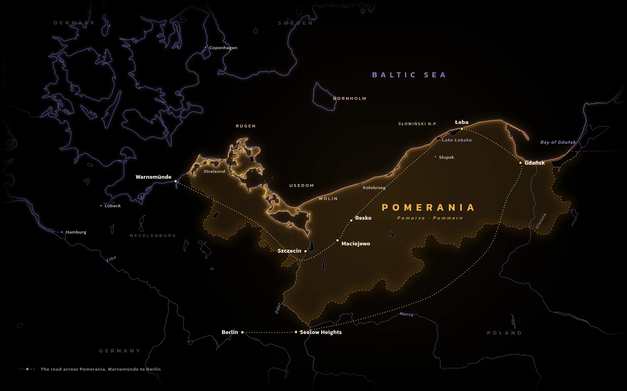 Line map of historical Pomerania on black, the region glowing amber along the Baltic coast of Germany and Poland from R&uuml;gen and Usedom to Gdańsk, with a dotted route from Warnem&uuml;nde through Szczecin, Maciejewo, Resko, Łeba and Gdańsk, then south to the Seelow Heights and Berlin.