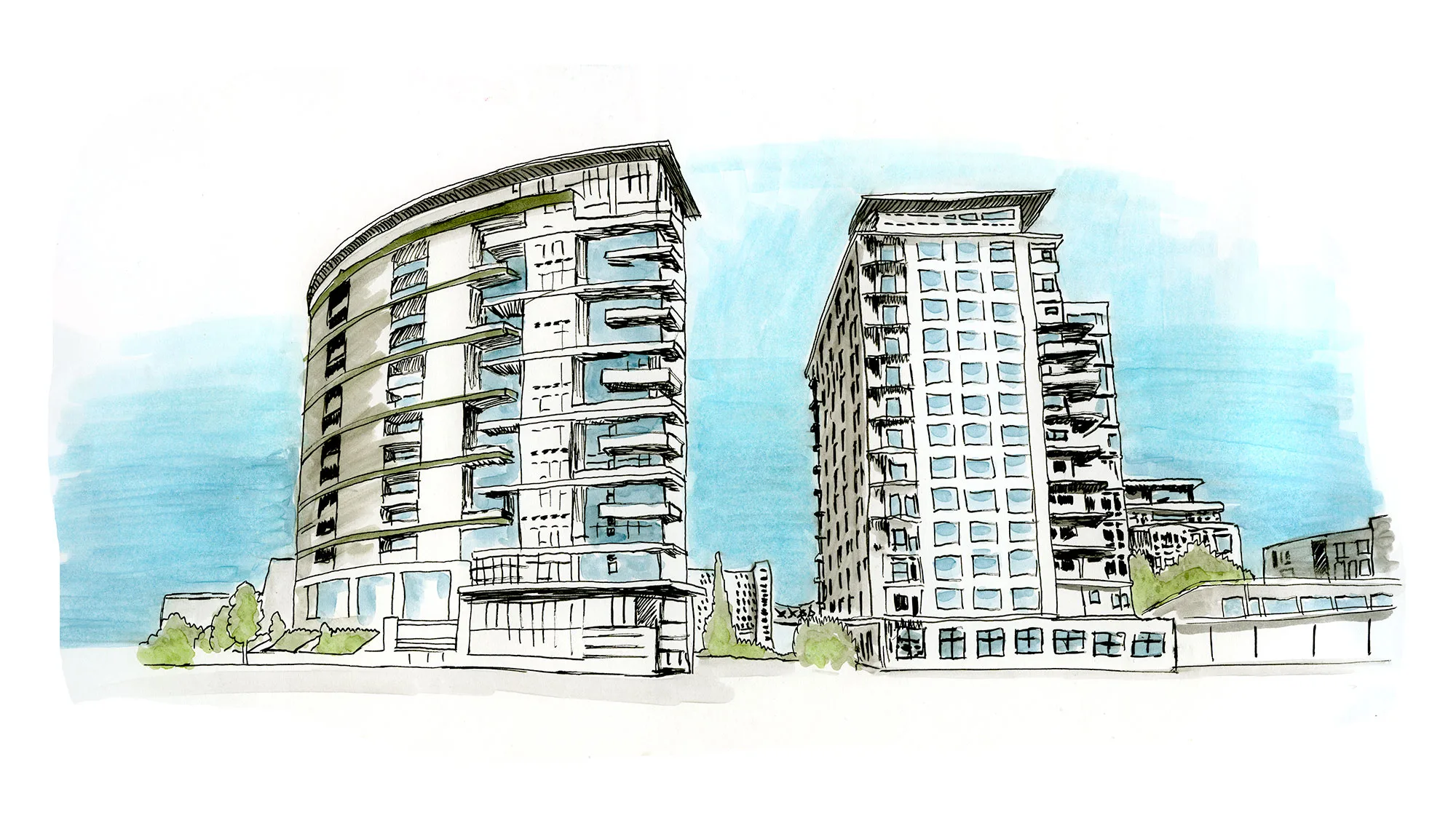 Ink and watercolor illustration of two modern condo towers against a blue sky, Portland, Oregon
