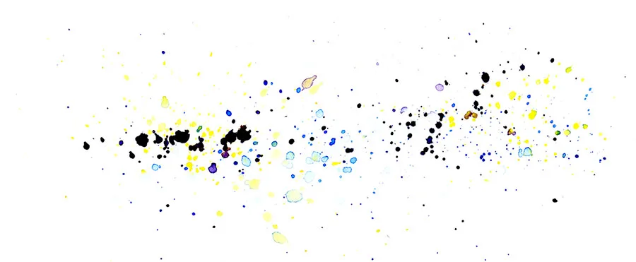 Watercolor splatter abstraction of a primal Grateful Dead jam, black dots scattered among pale yellow and blue.