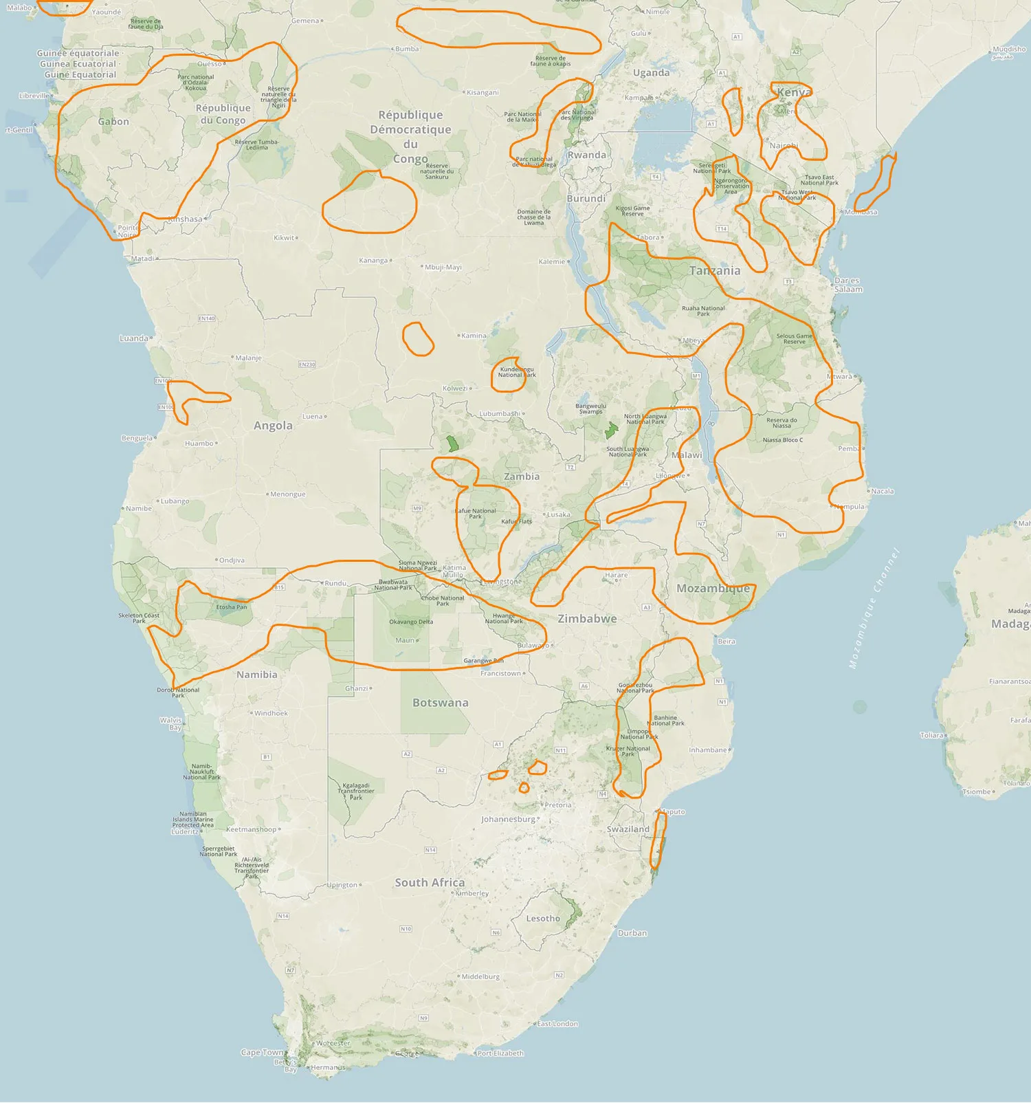 Map of sub-Saharan Africa with protected wildlife areas outlined in orange
