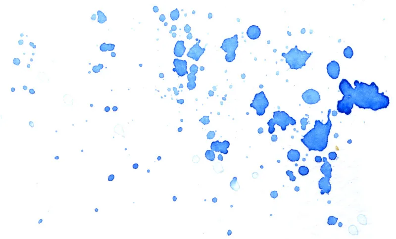 Splatters of phthalo blue watercolor paint.