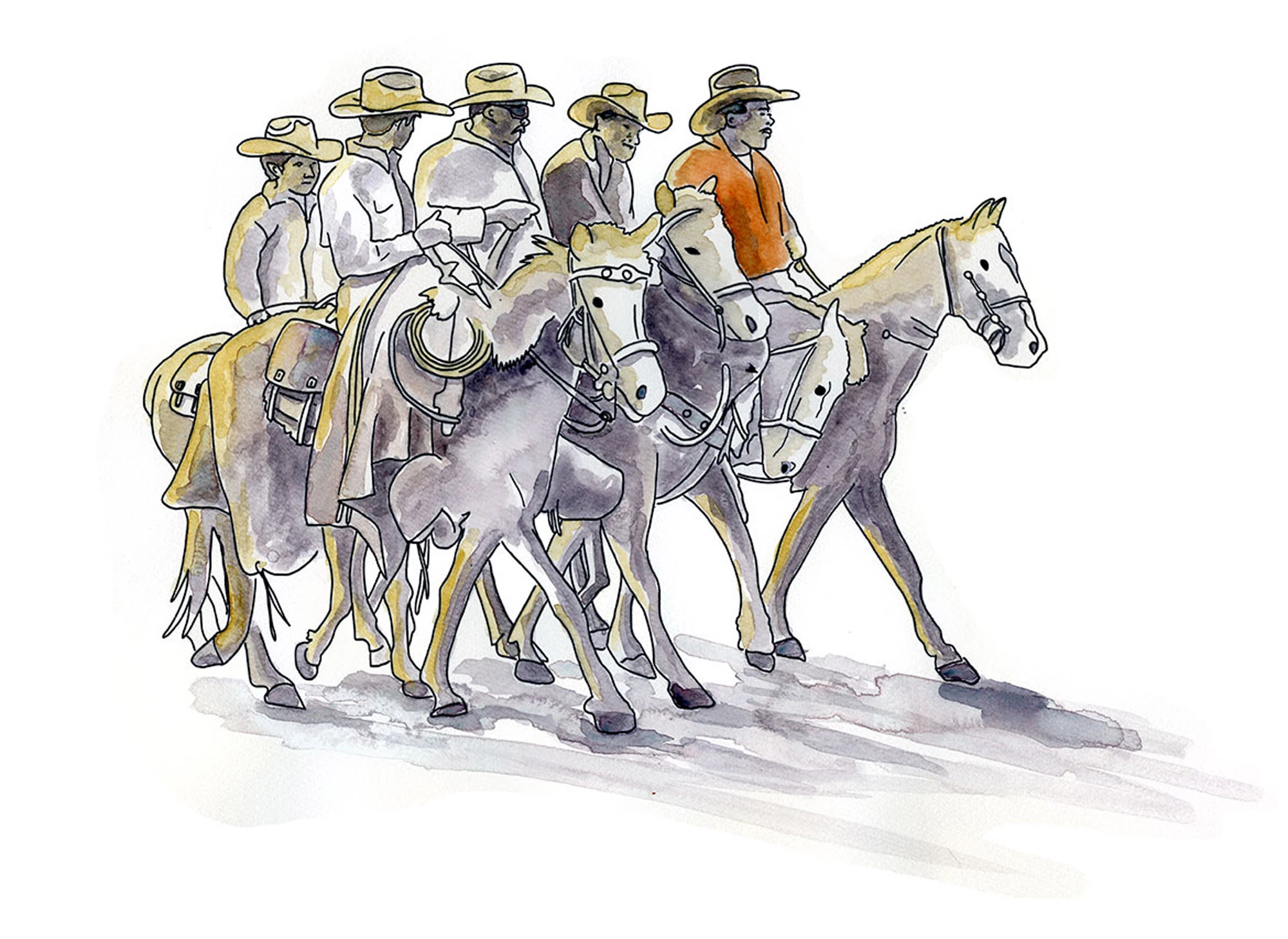 Watercolor and ink sketch of rancheros on horseback near Loreto, Baja California Sur