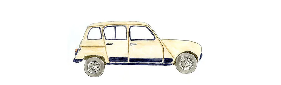 Sketch by Erik Gauger of a Renault 4, a car everpresent in Morocco