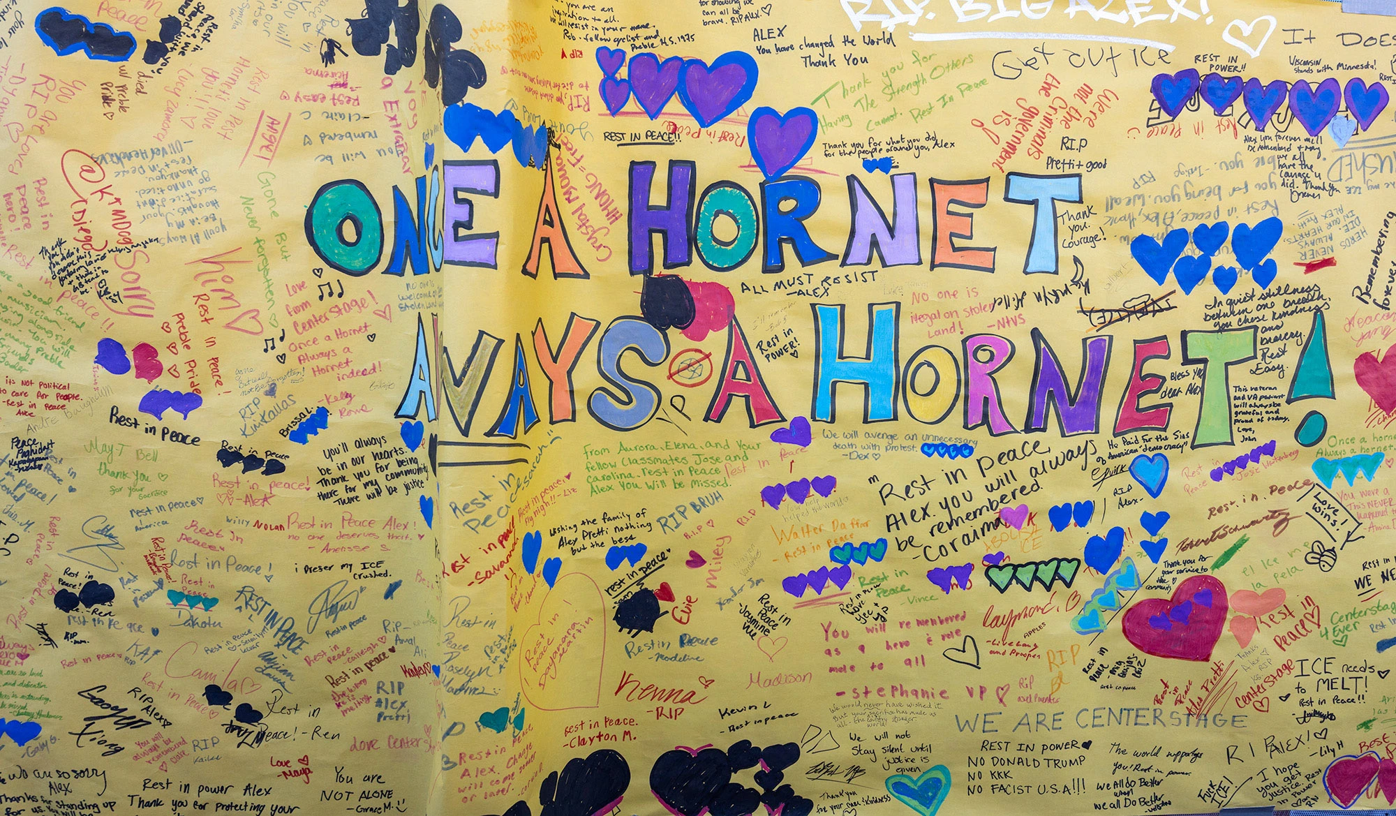 A large hand-painted mural panel at the Alex Pretti memorial in Minneapolis reads 'Once a Hornet, Always a Hornet,' covered in messages of condolence and remembrance from the public.
