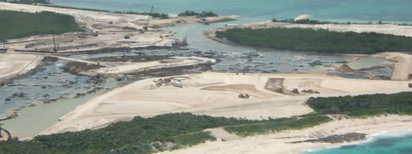 Aerial view of the Bakers Bay marina site in 2007, with dredged channels and cleared sand.