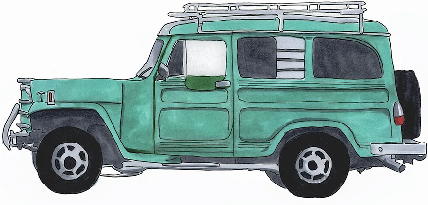 Ink and watercolor sketch of a green vintage SUV with a roof rack in Cuba.
