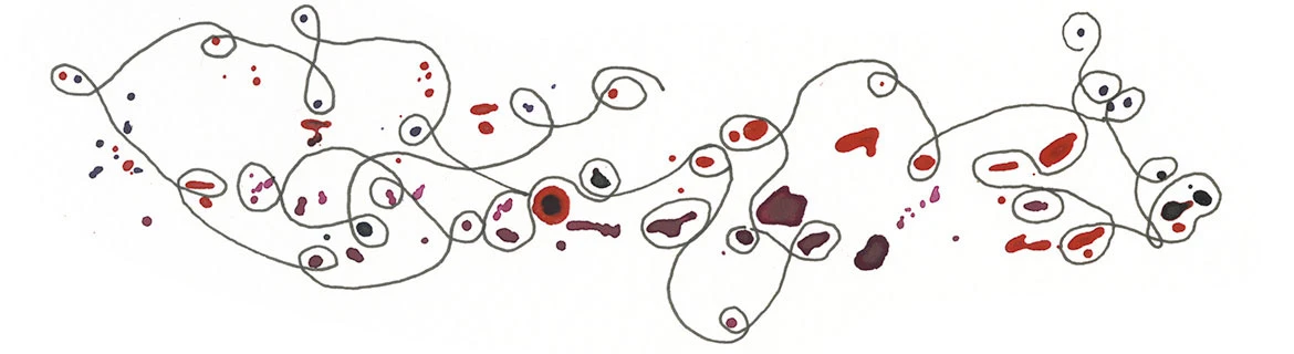 Watercolor and ink spatter artwork inspired by Reconstruction's 1979 Sama Layuca jam at Temple Beautiful in San Francisco