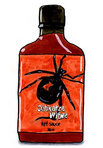 Sketch by Erik Gauger of Schwarze Witwe Hot Sauce