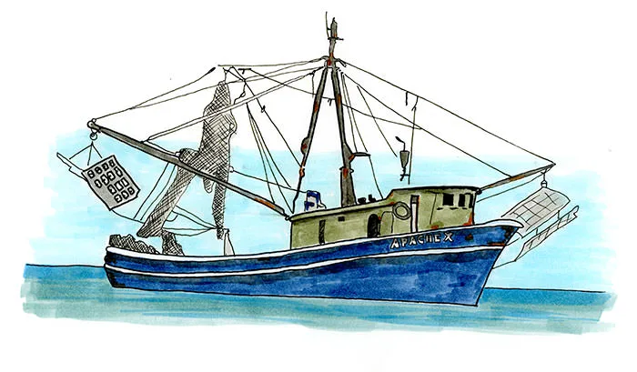Ink and watercolor sketch of a blue-hulled shrimp boat with booms and nets raised on the Sea of Cortez.