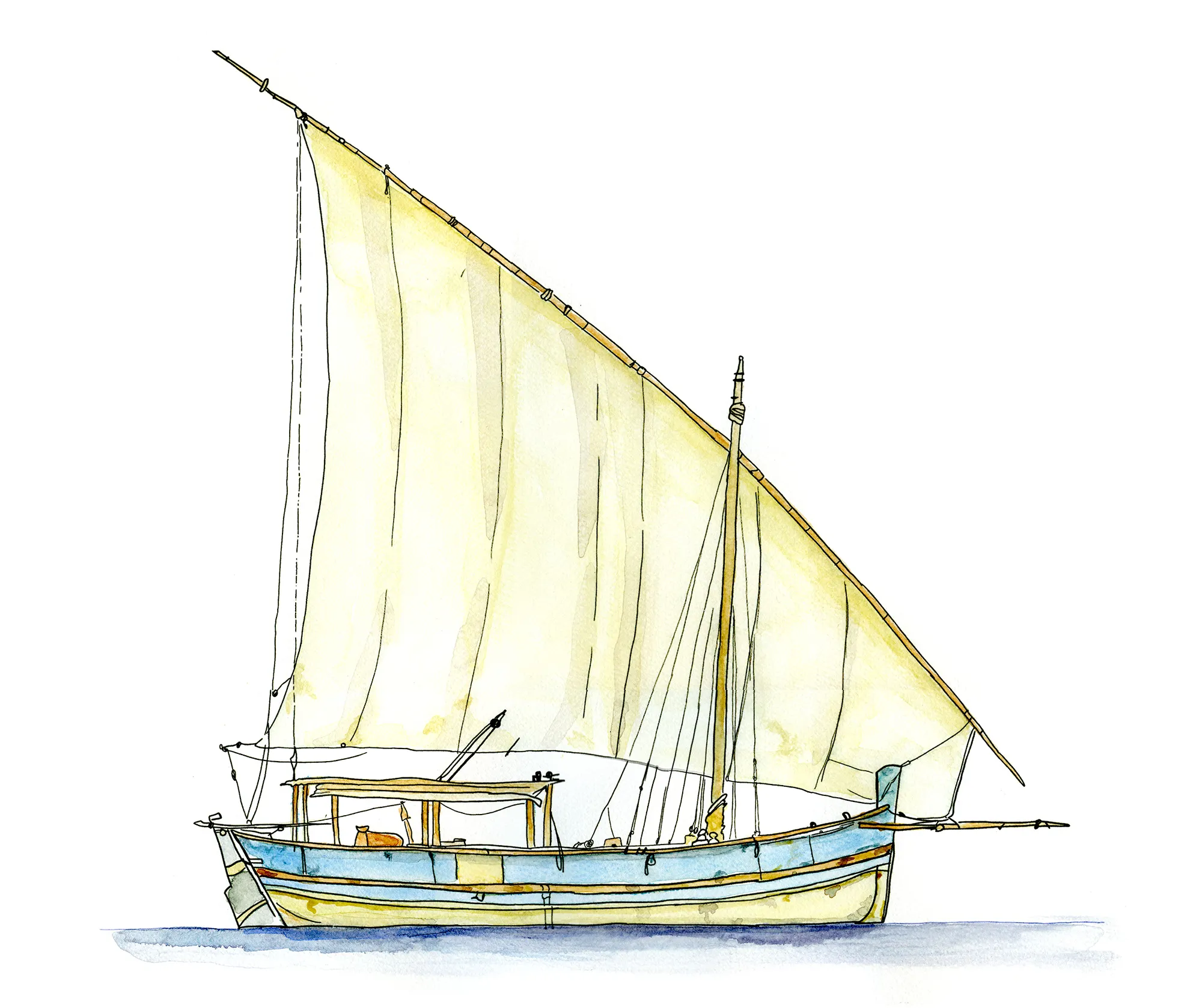 Ink and watercolor sketch of a single-sailed Sicilian felucca.