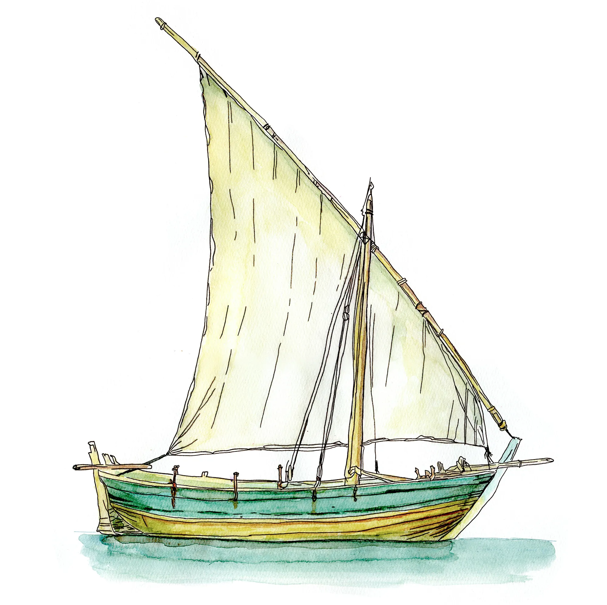 Black liner pen and watercolor sketch of a Sicilian tartana, a single-masted wooden sailboat with a large lateen sail and a green-and-ochre hull.