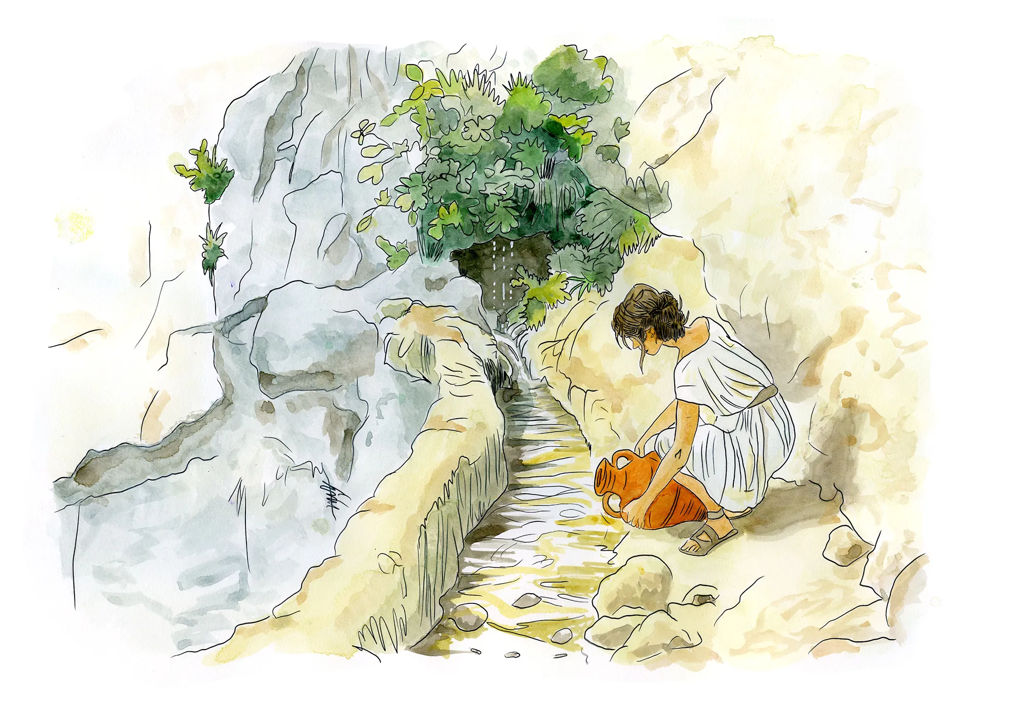 A woman fills a Greek hydria water jar from a simple dug ditch fed by a natural spring outside Syracuse, around the seventh century BC.