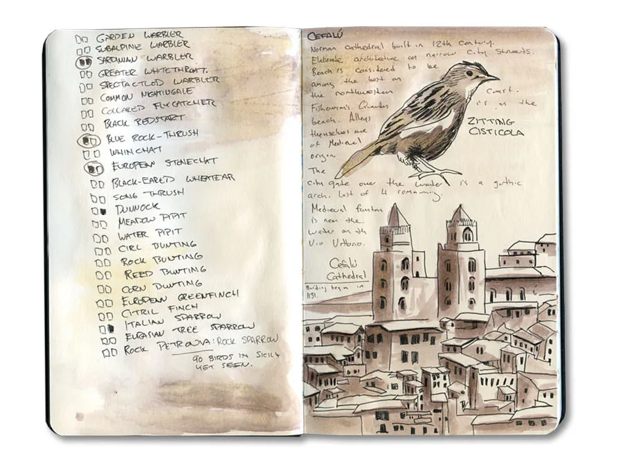 Sketch journal spread: a Sicilian bird checklist, a zitting cisticola, and the towers of Cefalu cathedral