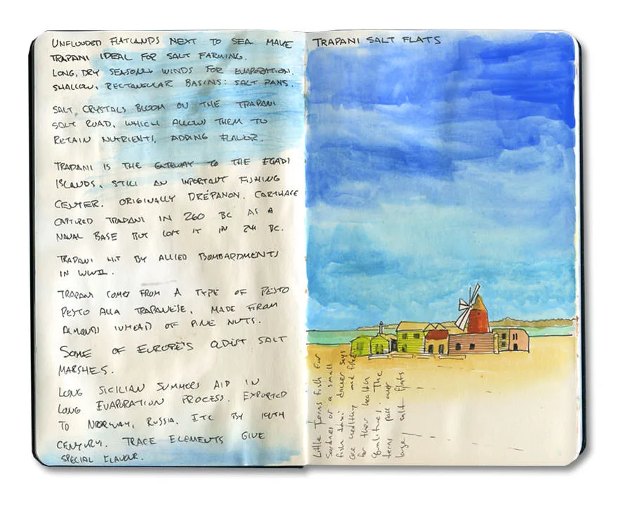 Sketch journal spread on the Trapani salt flats, with a watercolor of the salt pans and a windmill