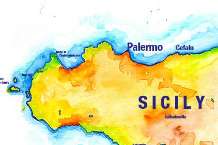 Handpainted map of Sicily