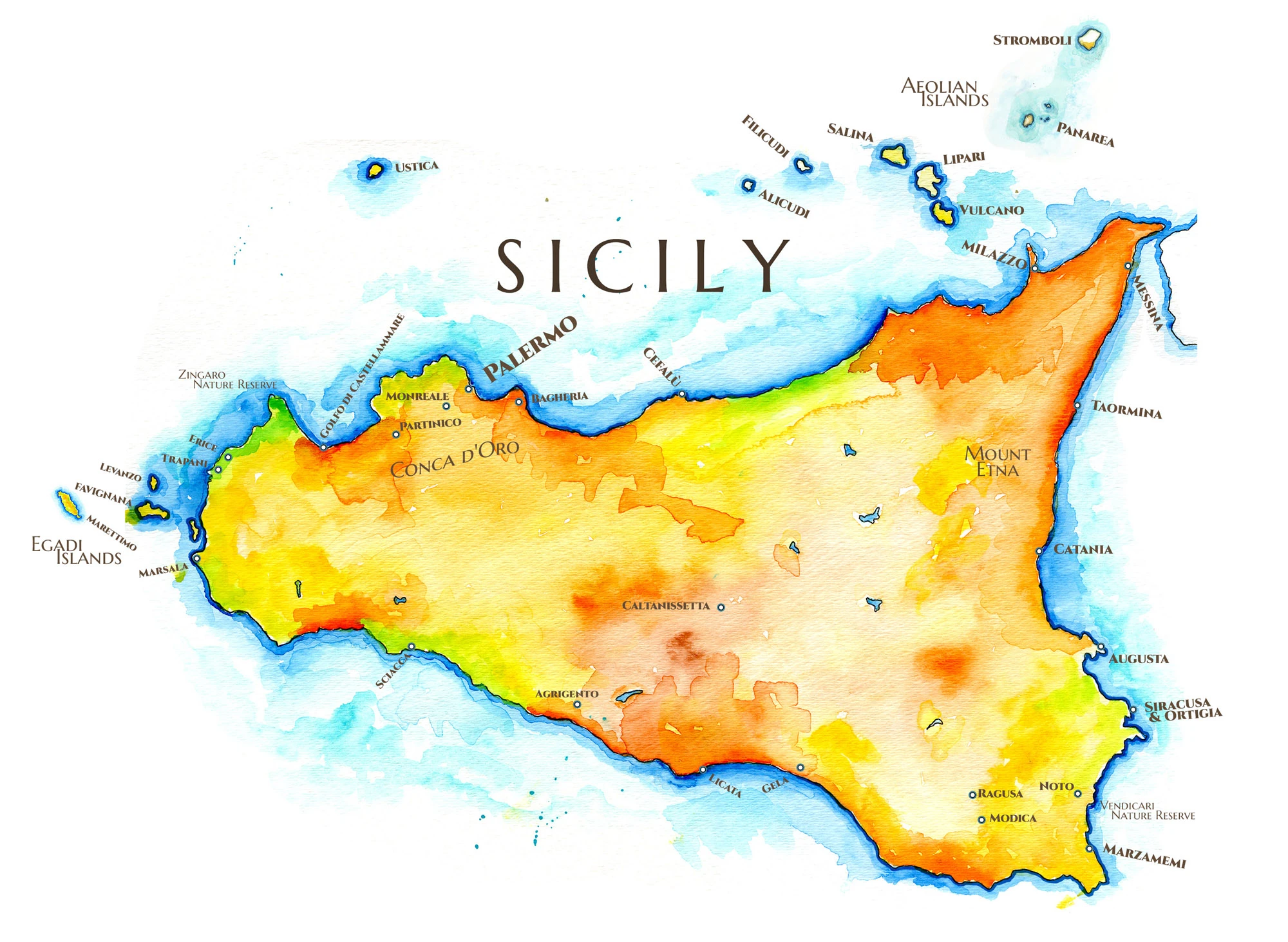 Hand-painted watercolor map of Sicily, showing Mount Etna, the island's coastlines and hill towns, and the surrounding Tyrrhenian, Ionian, and Mediterranean seas.