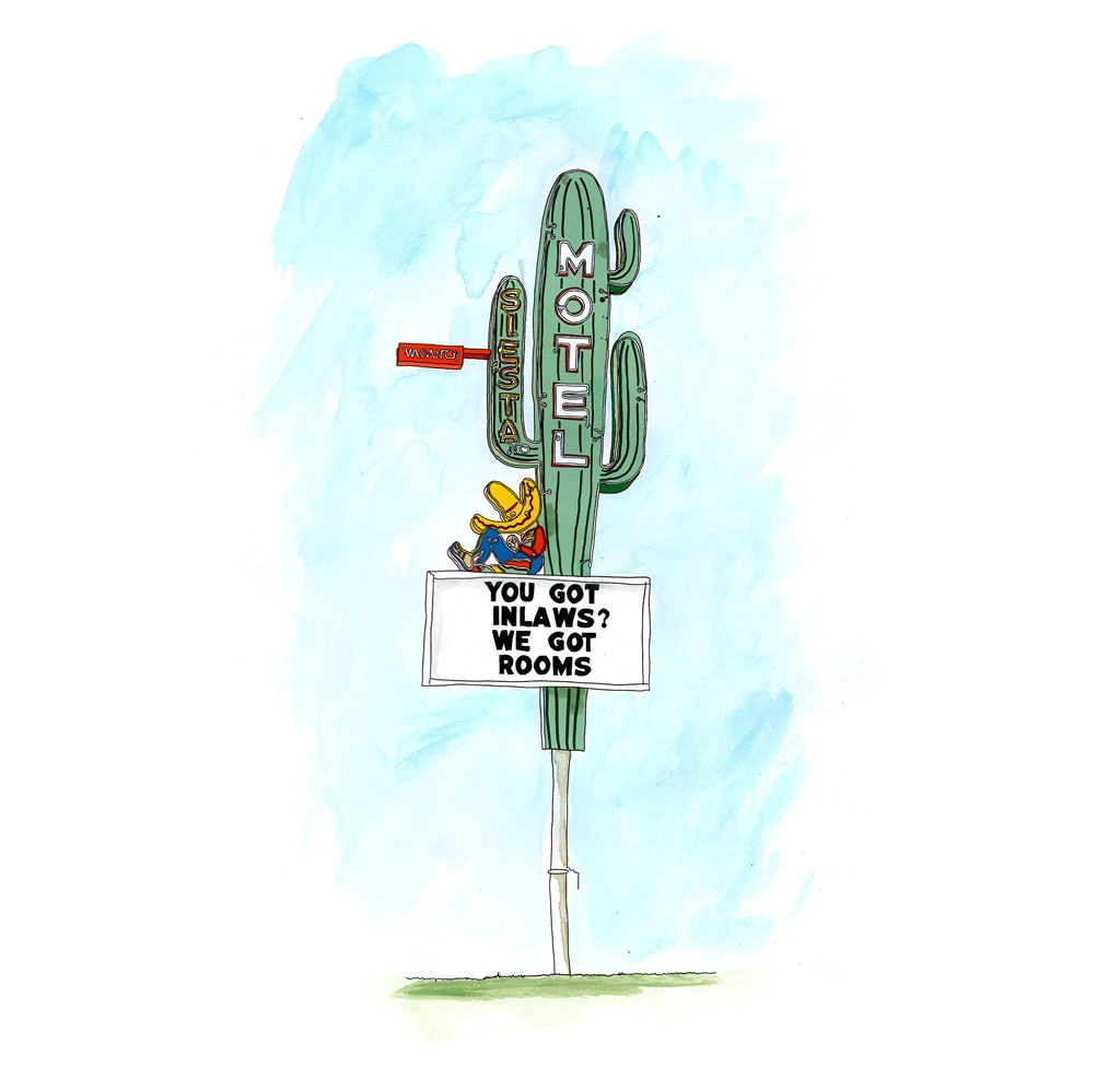 Watercolor and Copic marker sketch of the Siesta Motel cactus sign in Durango, Colorado