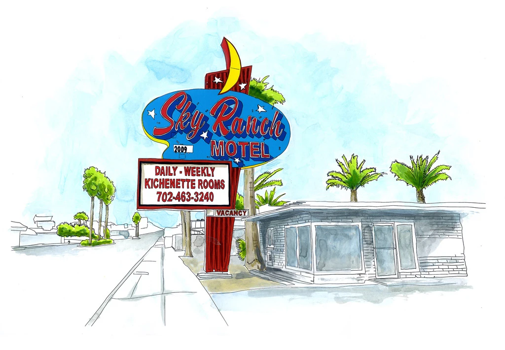 Watercolor and Copic marker sketch of the Sky Ranch Motel sign and building in Las Vegas, Nevada