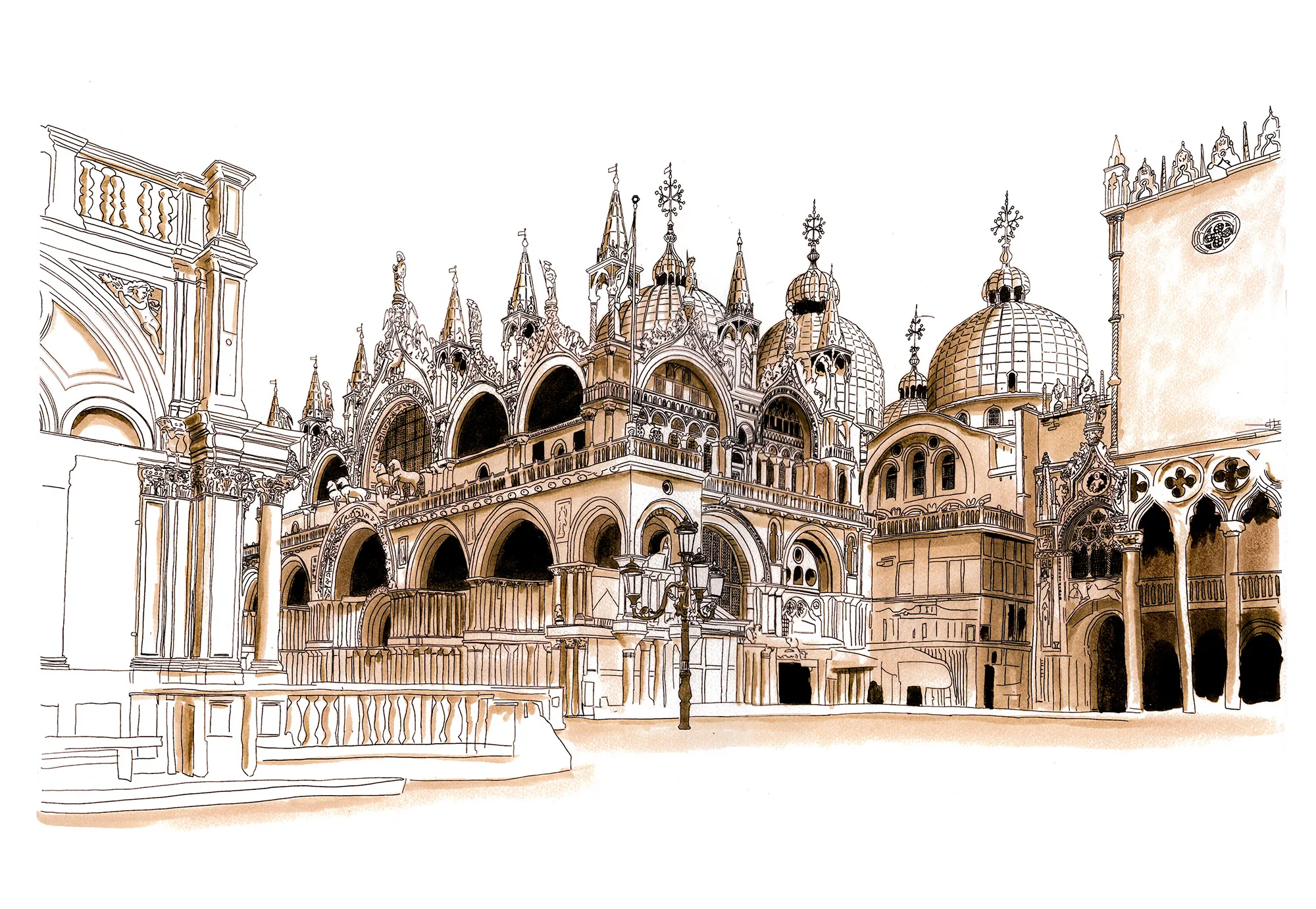 A detailed architectural illustration of St. Mark's Basilica in Venice, Italy, created using liner pens, Copic markers, and watercolor. The artwork captures the basilica's domes, arches, and intricate Gothic-Byzantine details in a warm sepia-toned palette, blending precise linework with soft shading.