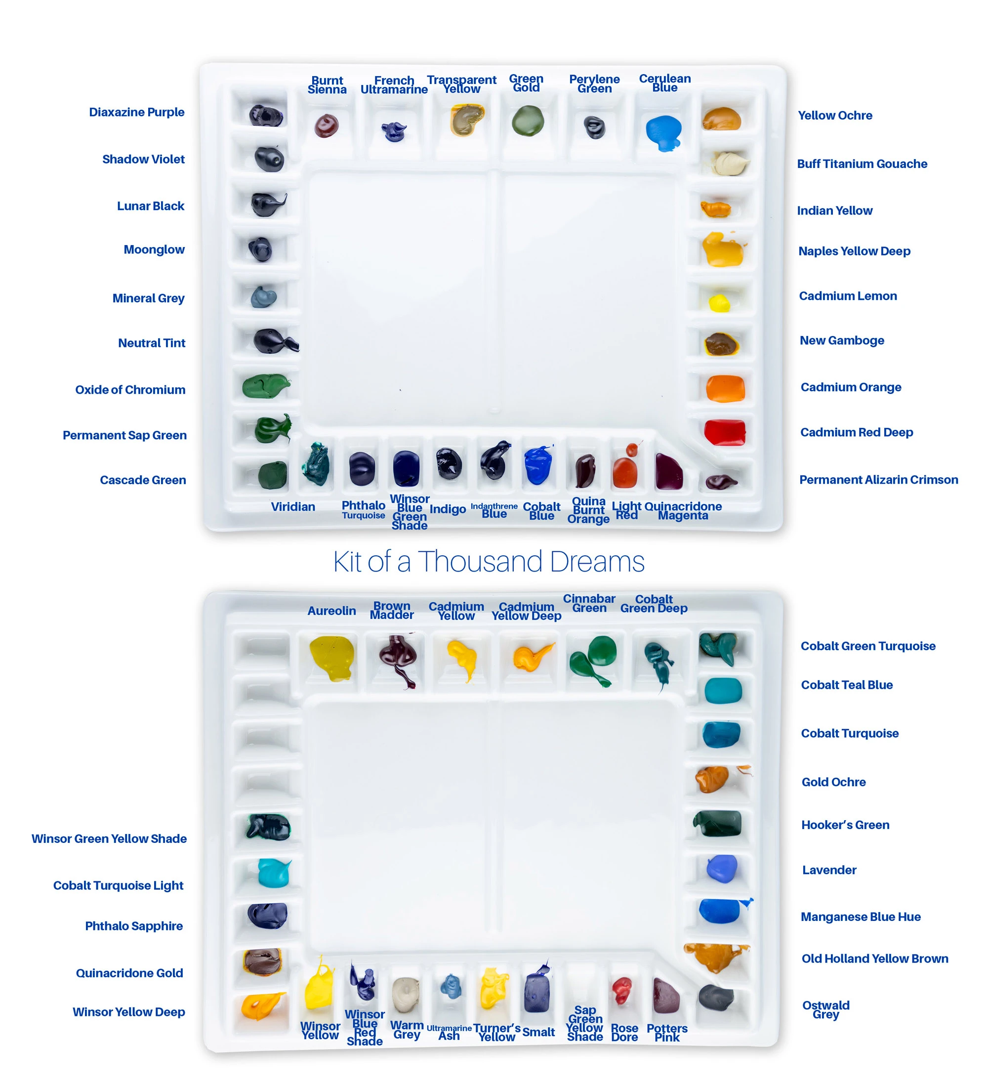 The permanent porcelain studio watercolor palette photographed from above, its wells holding pigments arranged by mixing relationships rather than rainbow order.
