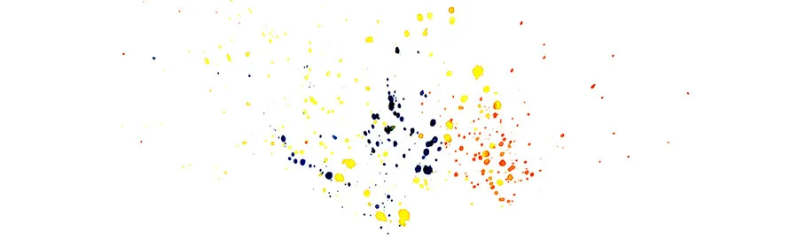Watercolor splatter abstraction of a 1977 Sugaree jam, a loose fan of yellow, navy and orange drops.