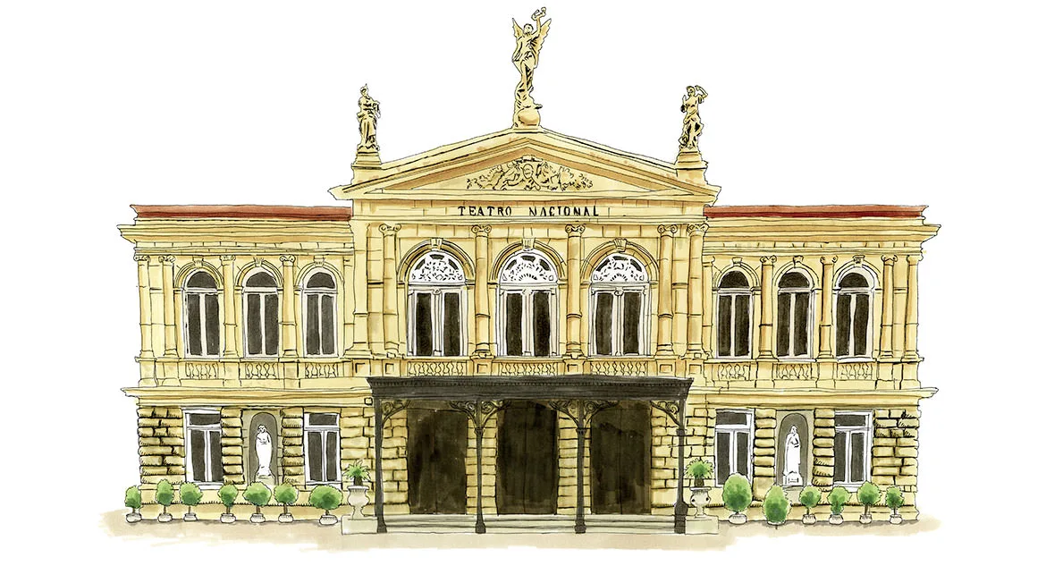 Ink and watercolor sketch of the ornate yellow façade of the Teatro Nacional de Costa Rica in San José.