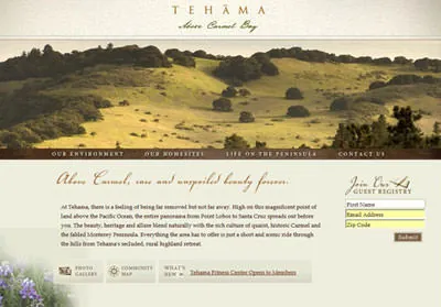Screenshot of the Tehama by the Sea website, showing golden hills above Carmel Bay.