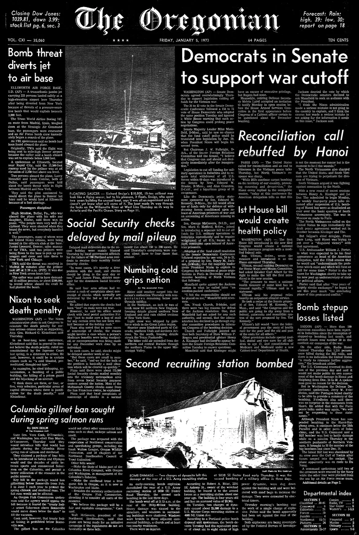 The Oregon on January 5, 1973, covering Richard Ensign's maiden voyage