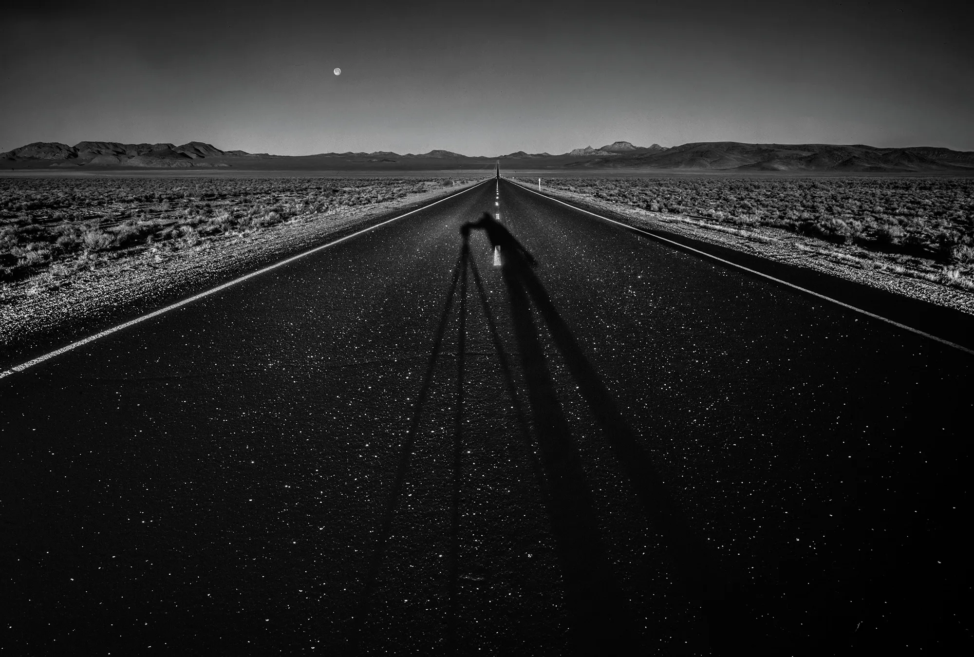 A photographer&rsquo;s long shadow stretching down an empty Nevada highway at dusk, the moon above distant mountains