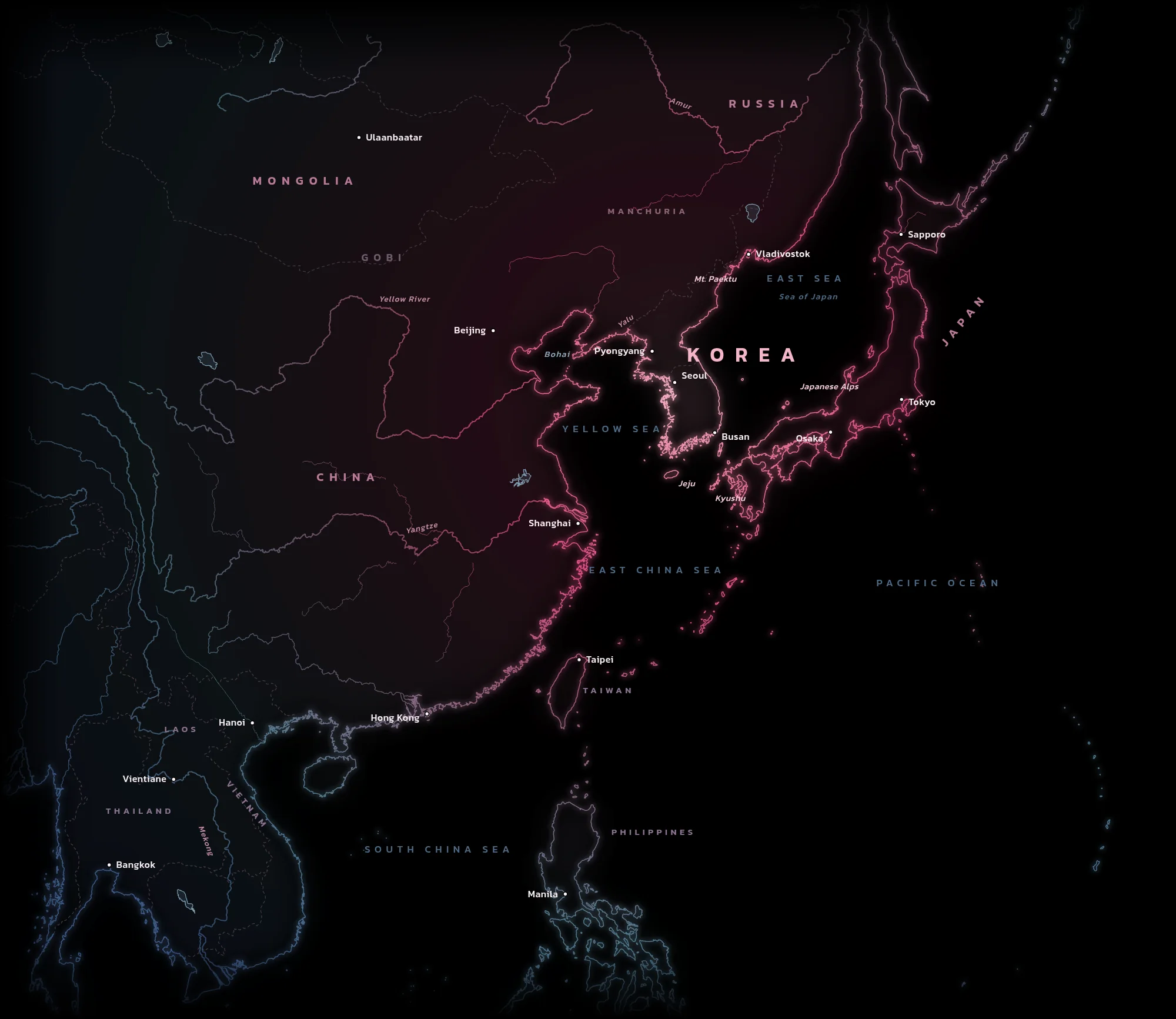 Line map of East Asia on black, the coastlines glowing blossom pink around Korea and cooling through rose and plum to blue-grey toward Mongolia and Southeast Asia, with China, Japan, Taiwan and the Philippines, the Yellow Sea, East Sea and South China Sea, and Seoul, Pyongyang, Beijing, Tokyo, Taipei, Ulaanbaatar, Hanoi, Manila, Bangkok, Busan, Shanghai, Osaka, Vladivostok, Hong Kong and Sapporo marked.