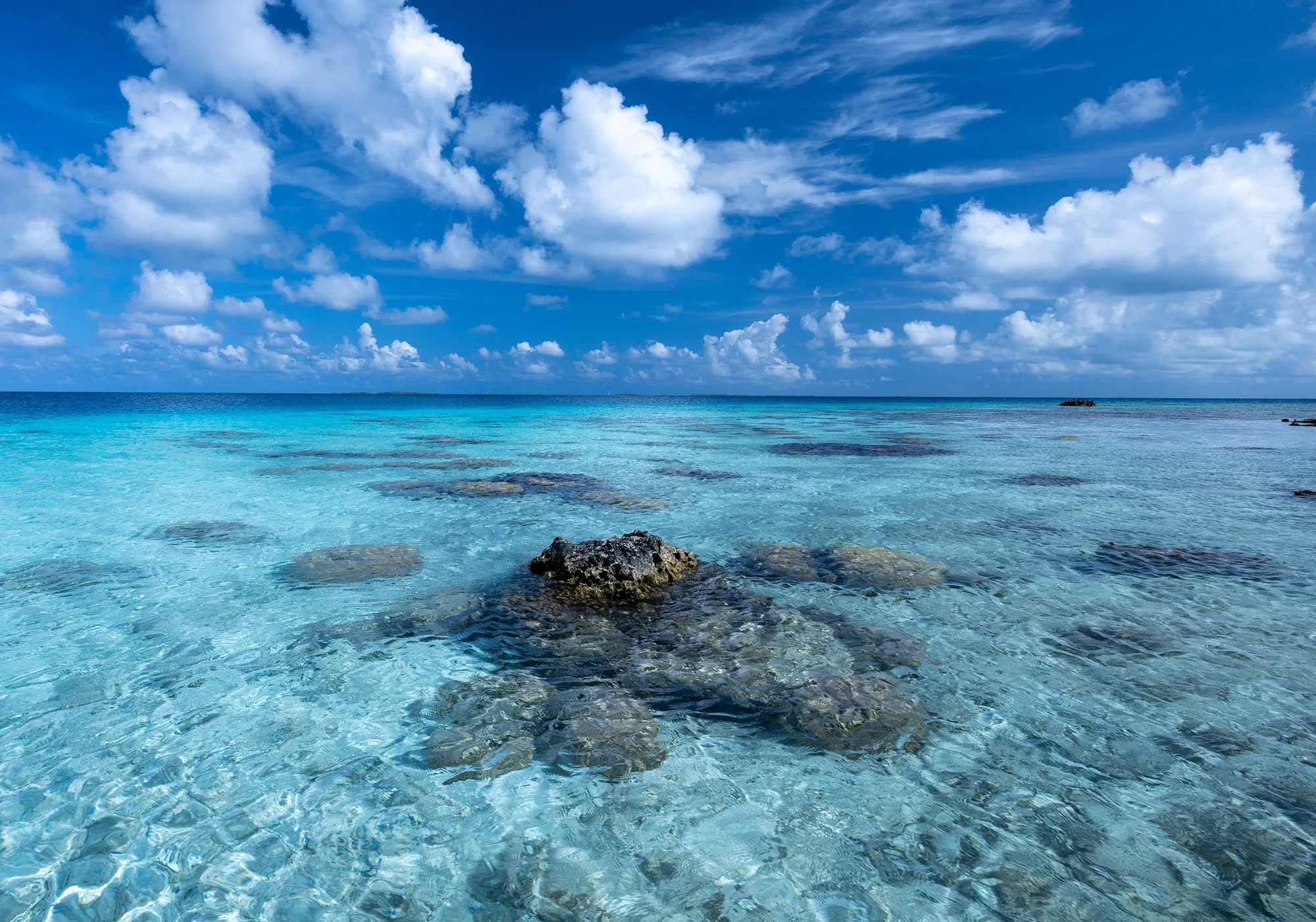 Shallow coral heads in the clear turquoise water of the inner Tikehau lagoon under puffy white clouds.