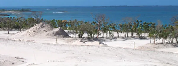 Cleared white sand and mounds of fill on the Bakers Bay golf course site, with the sea beyond.