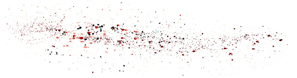 Watercolor splatter abstraction of the Tivoli Dark Star jam, a sparse scatter of black, rust and red specks.