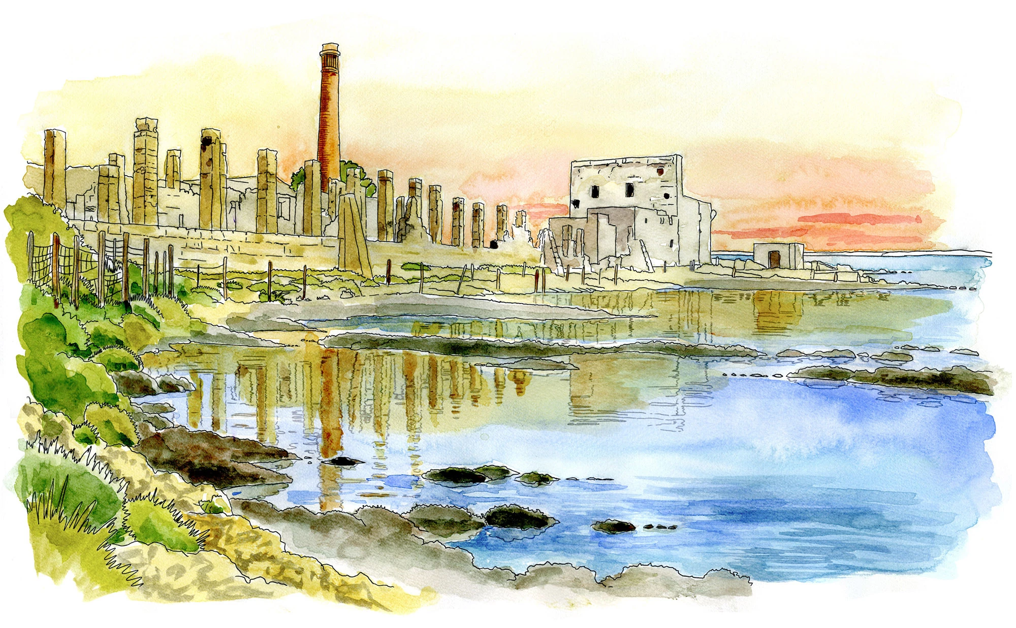 Black liner pen and watercolor illustration of the ruins of a tonnara, a historic tuna fishery, at Vendicari Nature Reserve, Sicily.
