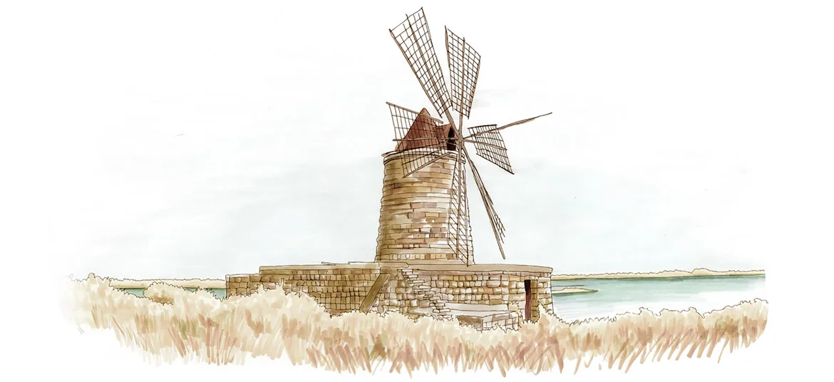 Watercolor illustration of a stone windmill on the Trapani salt flats, Sicily