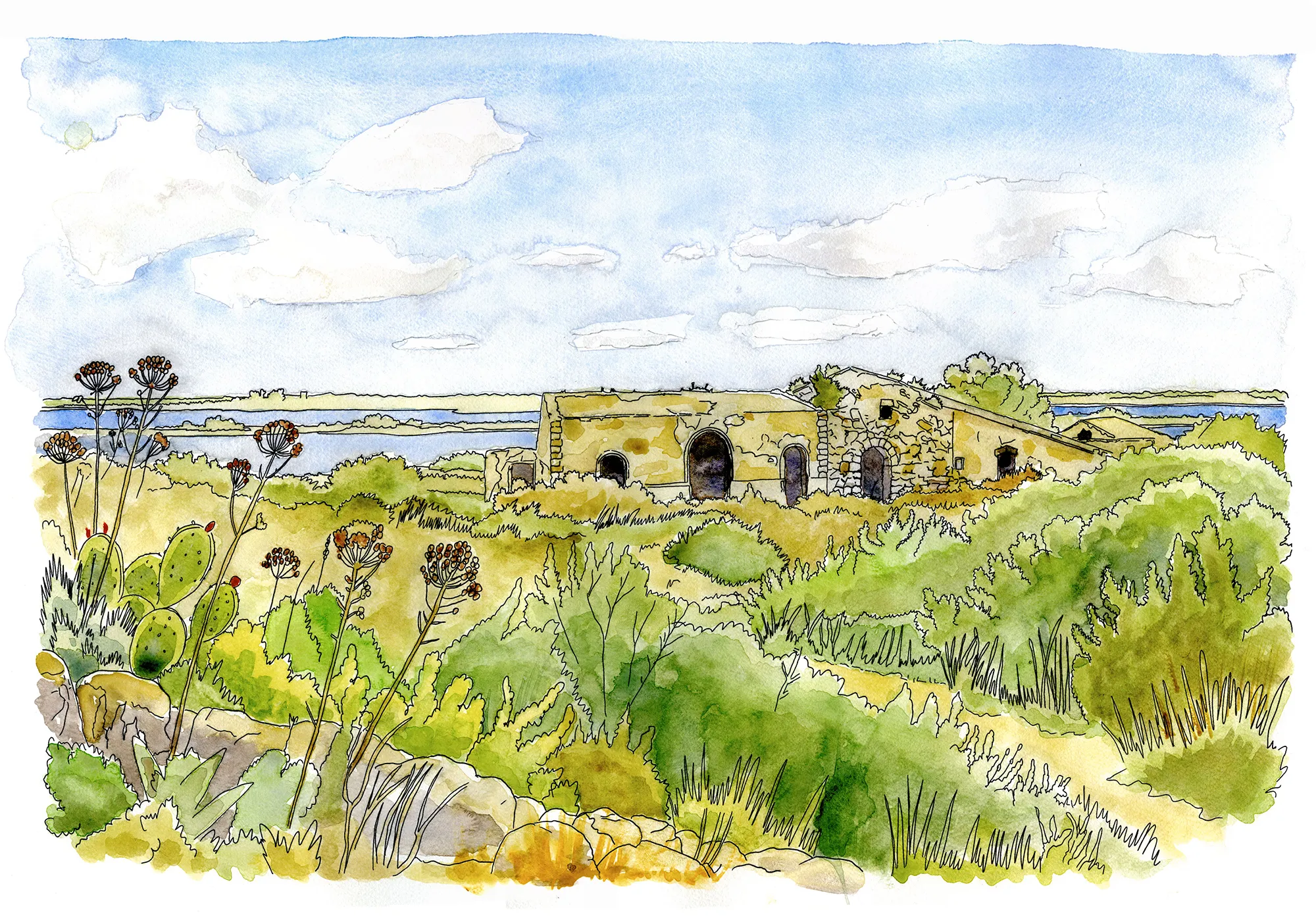 Black liner pen and watercolor illustration of the Trigona, a sixth-century AD Byzantine monument inside the Cittadella dei Maccari archaeological area at Vendicari, Sicily.