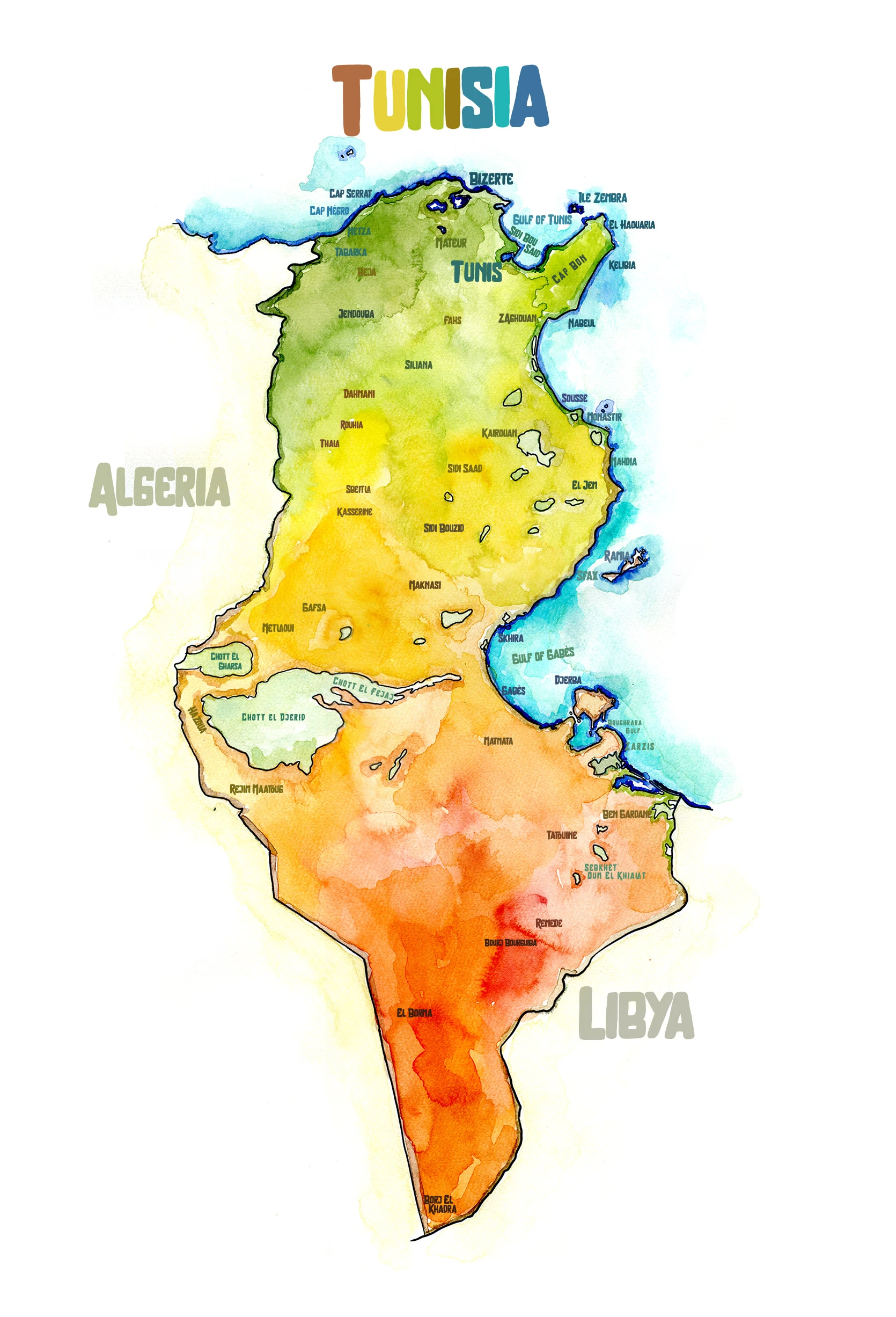 Handpainted Map of Tunisia