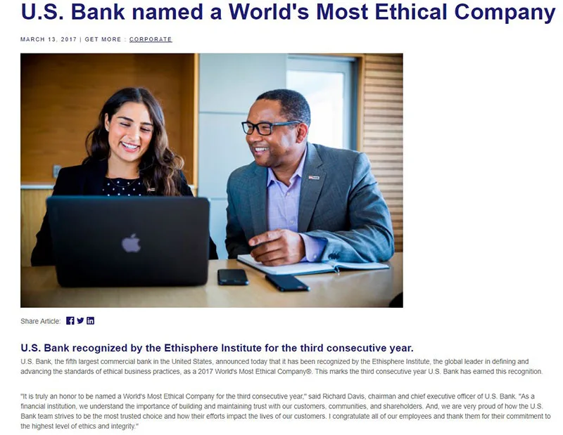 Screenshot of a U.S. Bank announcement that it was named one of the World's Most Ethical Companies.
