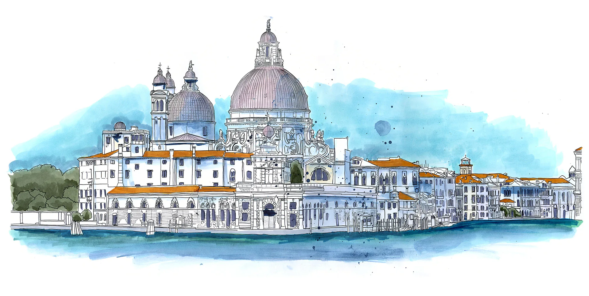 A watercolor sketch of the Venetian skyline