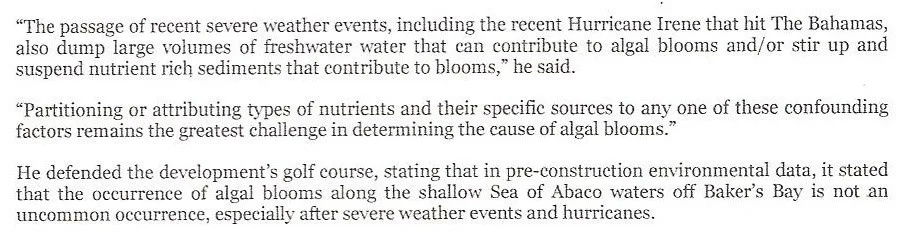 Pages two quote by Livingston Marshall Baker’s Bay Senior Vice President of Environmental and Community Affairs published in The Nassau Guardian newspaper on February 2, 2012: