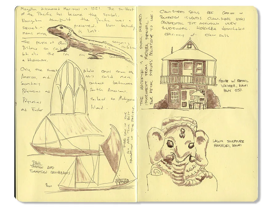 Sketch journal spread with a monitor lizard, a Polynesian proa, a Waimea house and an elephant lawn sculpture, Kauai