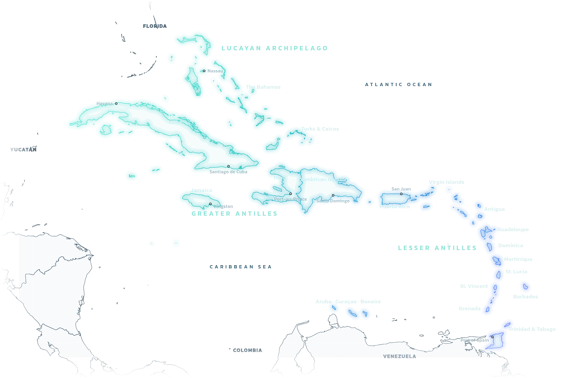 Line map of the West Indies on black: the Bahamas, Cuba, Hispaniola, Jamaica, Puerto Rico and the arc of the Lesser Antilles down to Trinidad, with the main capitals marked.