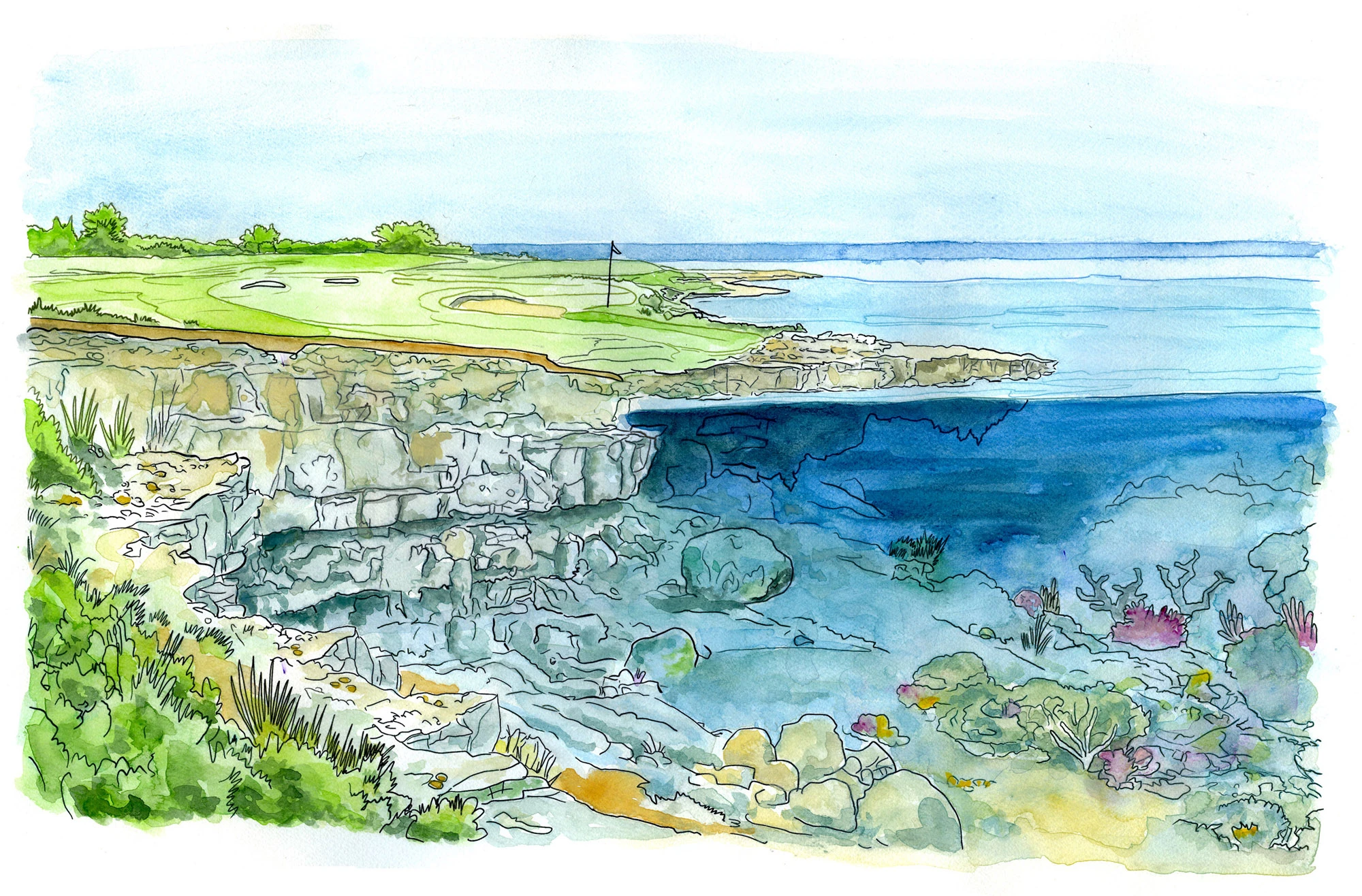 Watercolor of a cliffside golf course on porous limestone, its exposed rock layers dropping to a coral reef in the sea below.