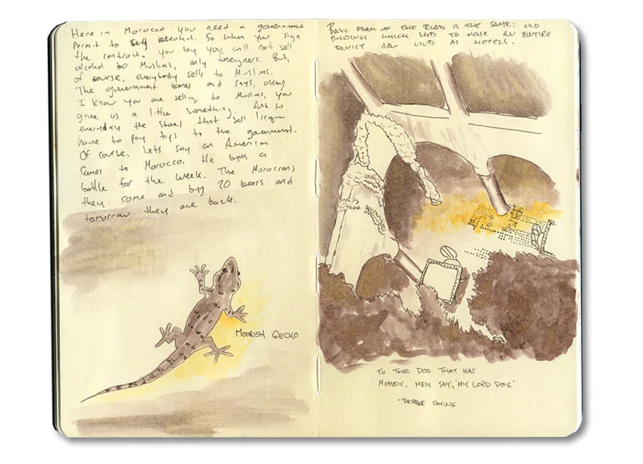 Sketch-journal page of Moroccan riads, from Erik Gauger's Marrakech notebook