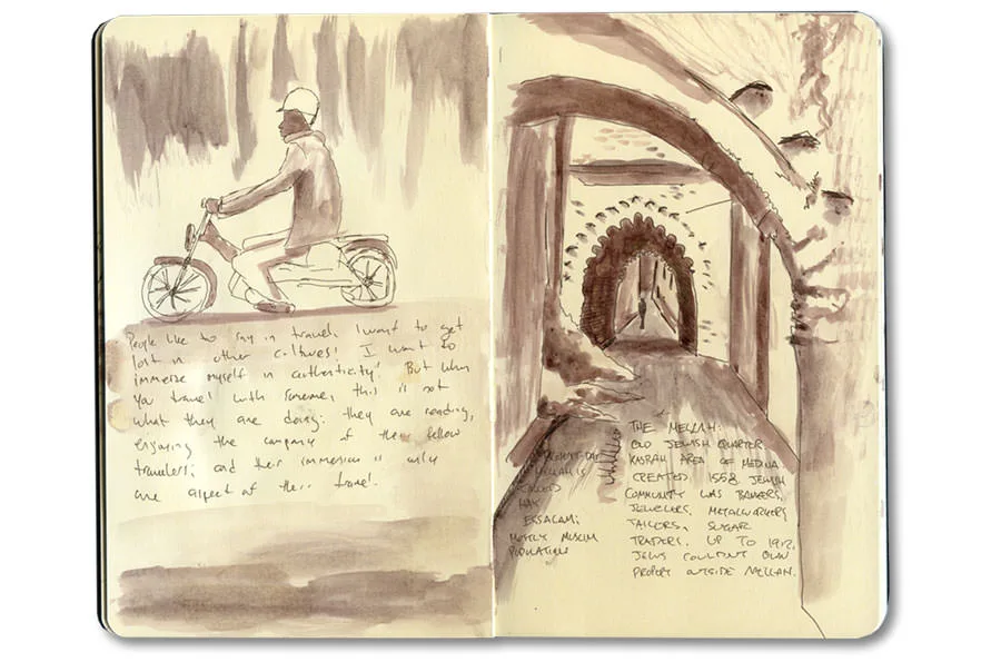 Sketch-journal page on the Marrakech Mellah, from Erik Gauger's notebook