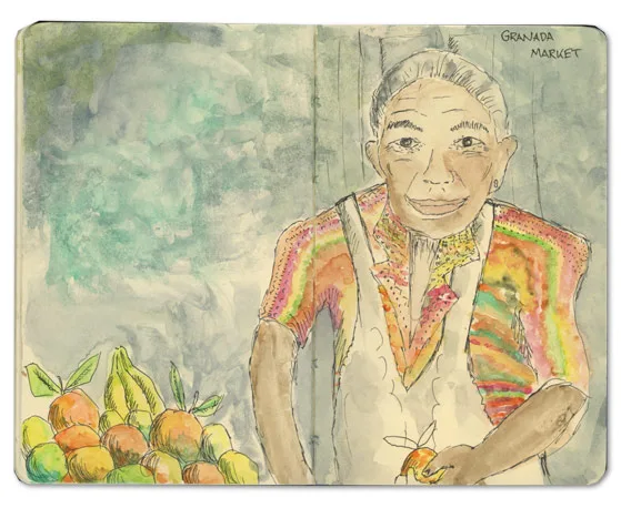 Ink sketch of the Granada market, from a Nicaragua journal