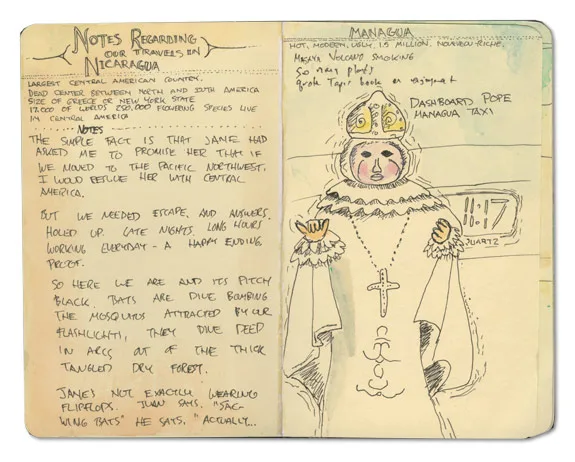 Moleskine notes on travels in Nicaragua and a sketch of a dashboard pope in a Managua taxi